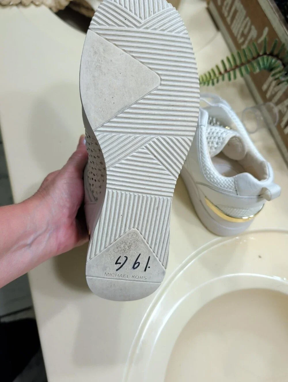 Michael Kors Georgie White Woven 8.5 Platform Sneakers with Gold Heel Accent.